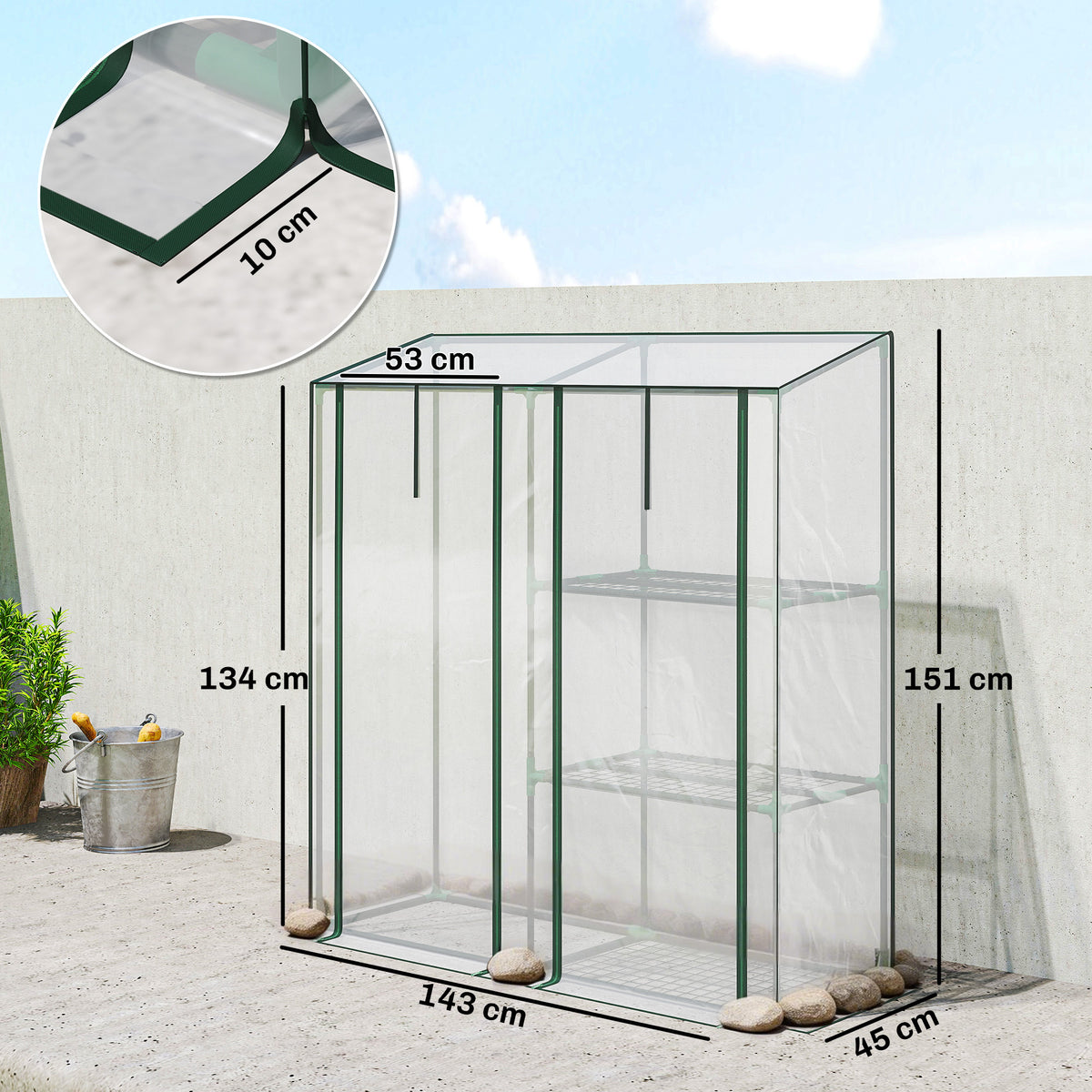 Serra da giardino con 3 ripiani, piccola serra con copertura in PVC e telaio in acciaio, 2 porte avvolgibili, trasparente