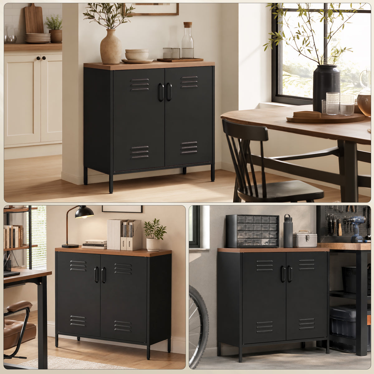 Buffet Salon Métallique, Meuble de Rangement Industriel avec 2 Portes et Étagère Réglable, 80 x 40 x 80 cm, Noir