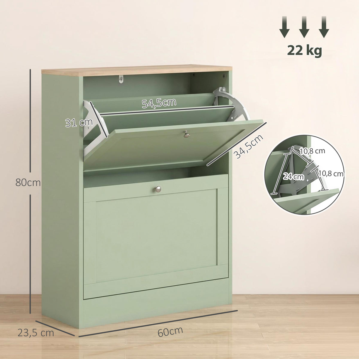 Meuble à Chaussures 12 Paires, Armoire à Chaussures Étroite avec 2 Tiroirs, Étagères Réglables, 60 x 23,5 x 80 cm, Vert