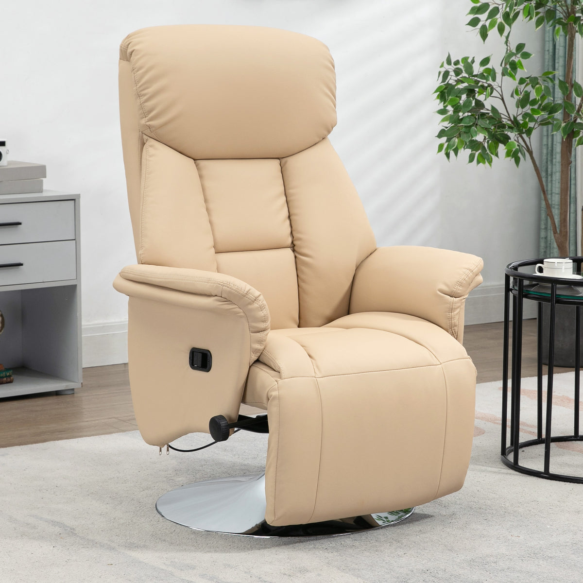 Fauteuil inclinable pivotant repose-pied réglable accoudoirs piètement acier chromé revêtement synthétique PU beige