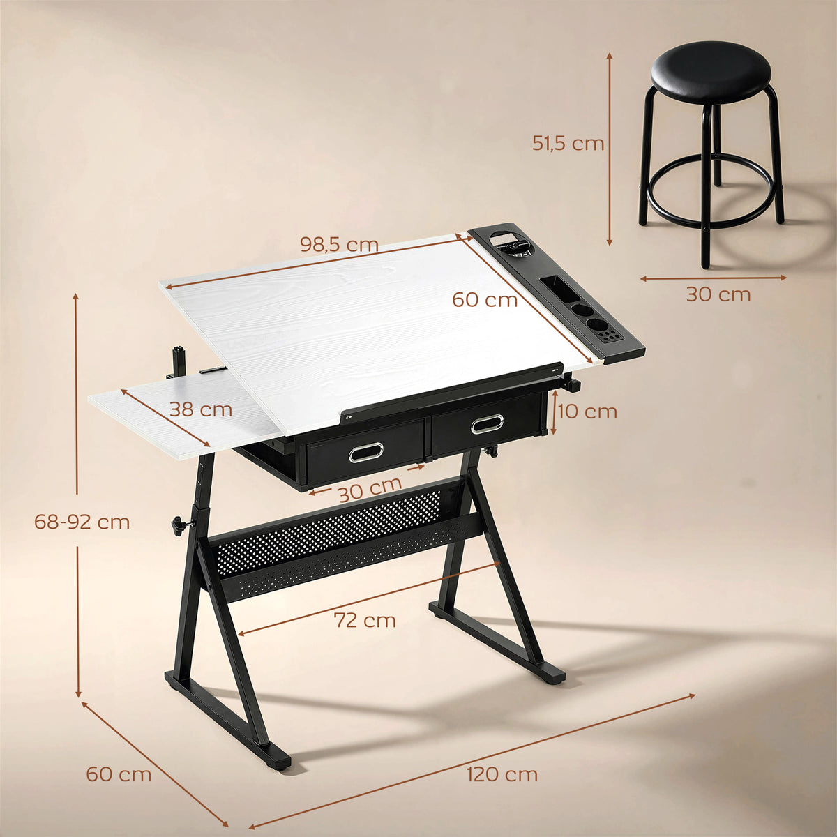 Drawing table with stool and 2 drawers, adjustable height, tiltable tabletop 0° to 60°, 120 x 60 x 68-92 cm, white