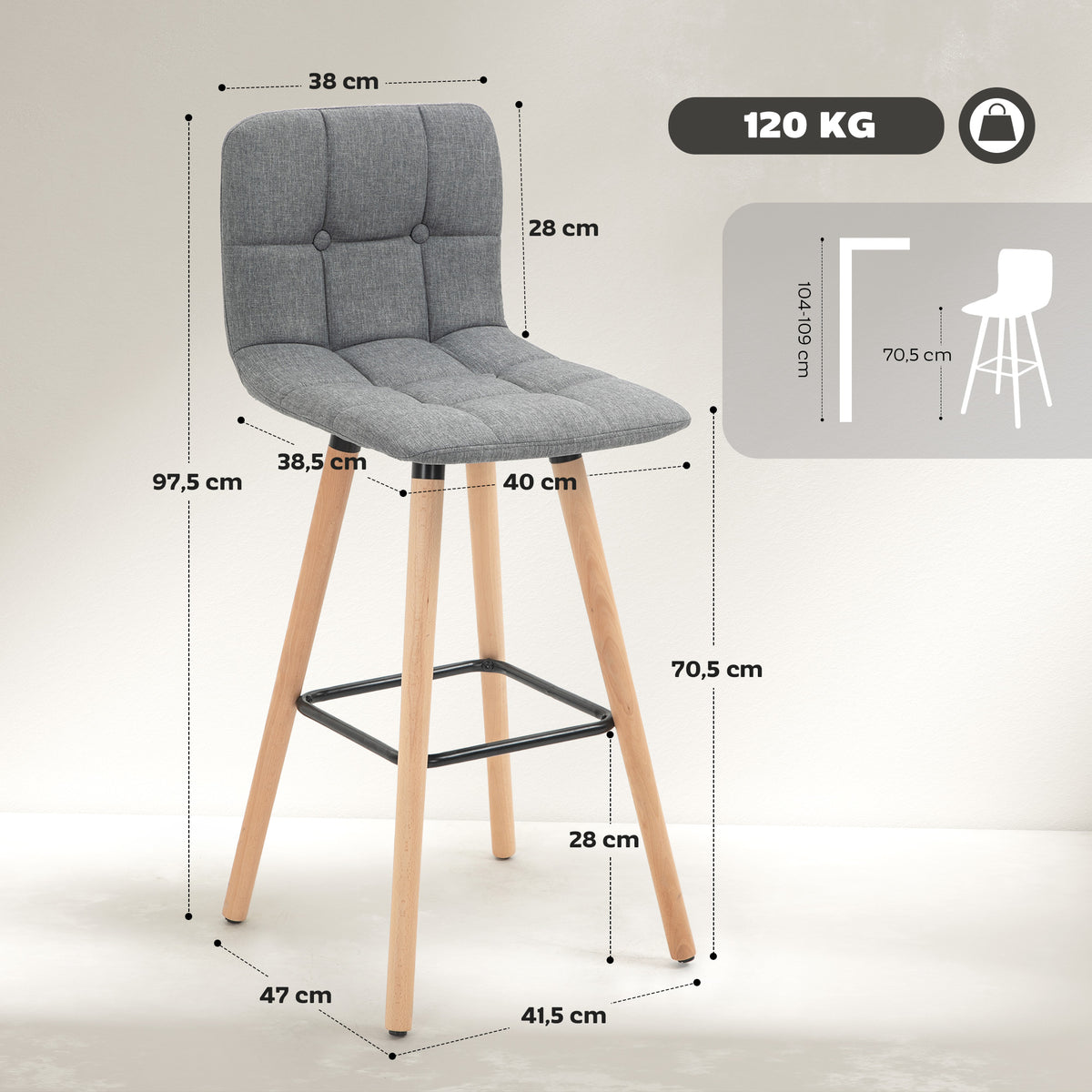 2er-Set Barhocker, gepolsterte Barstühle mit Rückenlehne und Fußstütze, Holzbeine, 41,5x47x97,5 cm, Grau