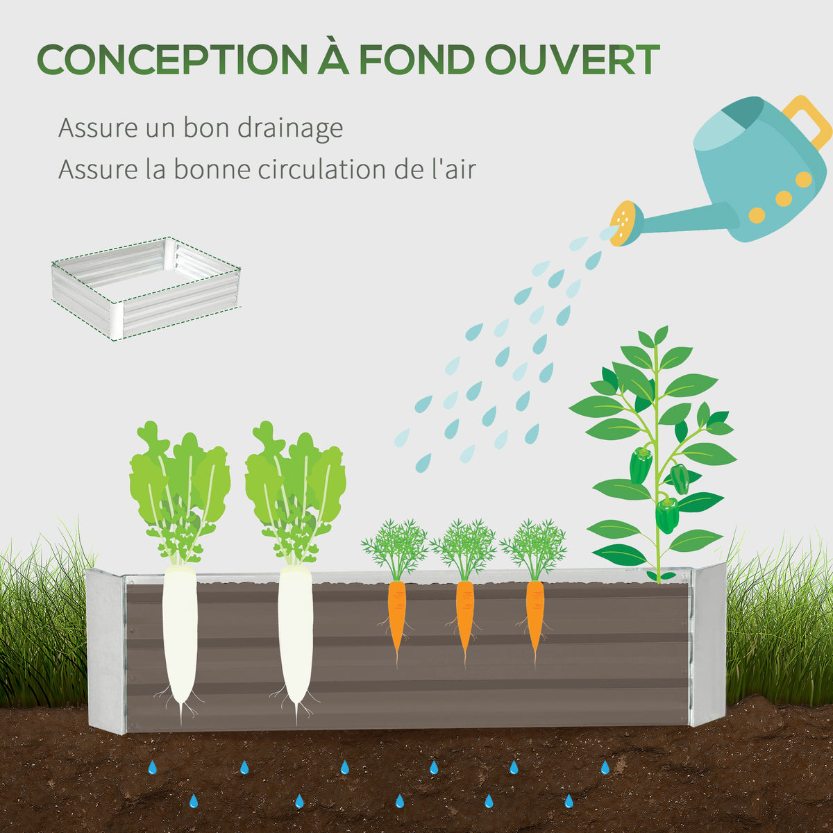 Lit de jardin surélevé carré potager en acier galvanisé protection contre mauvaises herbes 120 x 90 x 30 cm argent