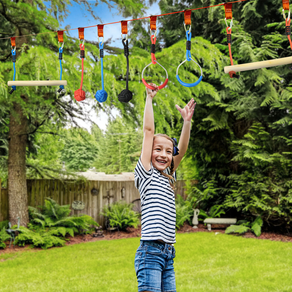Percorso a ostacoli ninja per bambini, 30 accessori e borsa per il trasporto, 10 m di slackline blu nero rosso