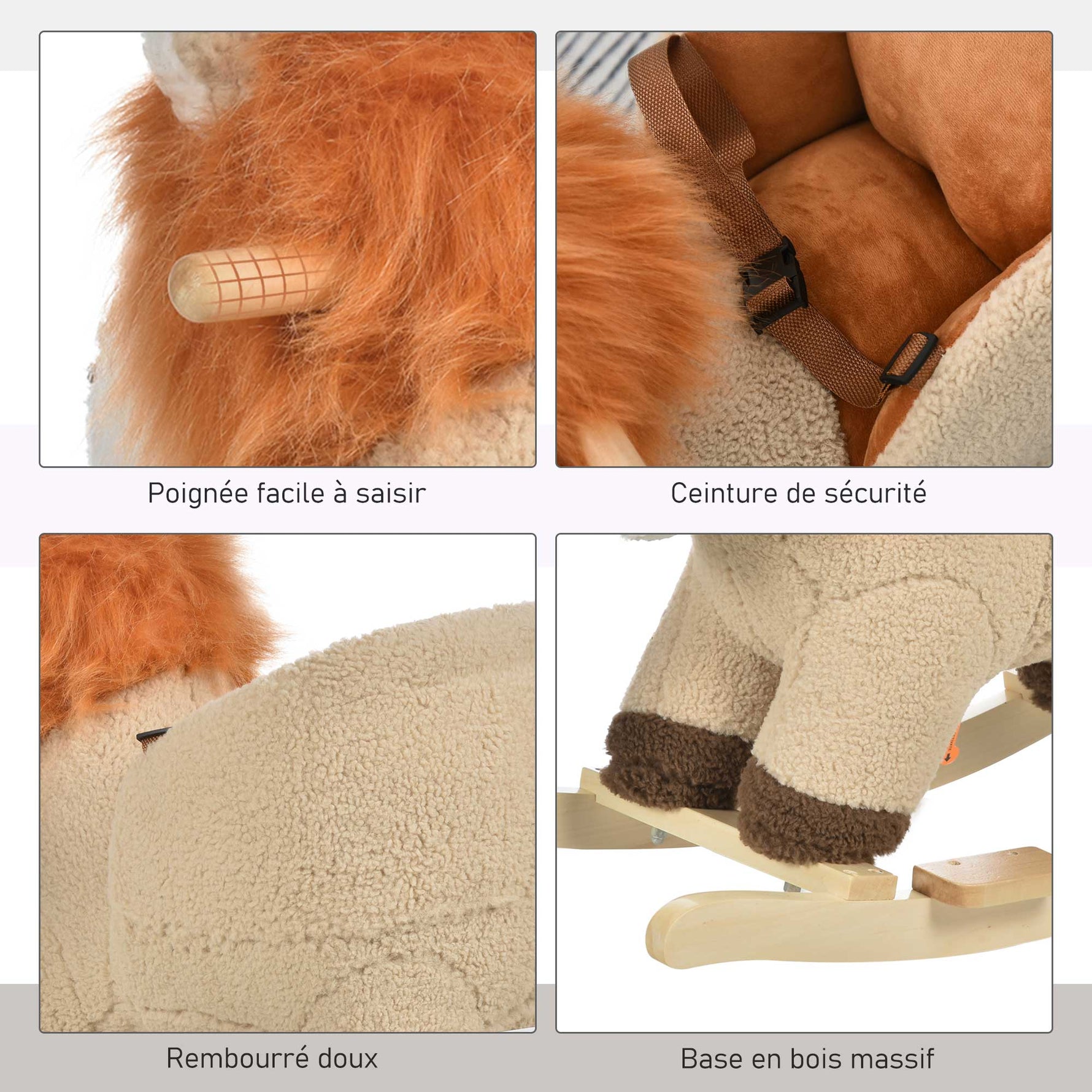Cheval à Bascule modèle Lion Fonction Musicale Selle Grand Confort Peluche Courte Douce Pour Enfants 18-36 Mois Bois peuplier Marron dim. 68L x 35l x 50H cm