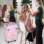 Valise trolley maquillage mallette cosmétique vanity poignée télescopique réglable 36L x 23l x 58H cm alu ABS rose