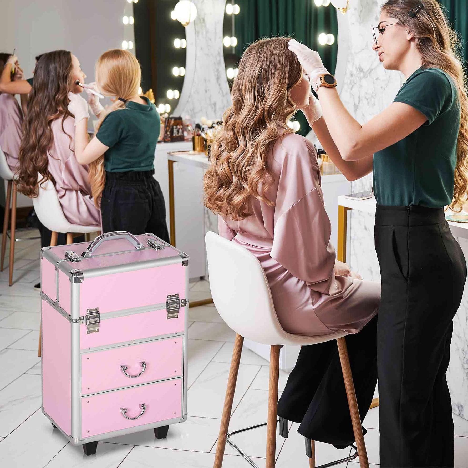 Valise trolley maquillage mallette cosmétique vanity poignée télescopique réglable 36L x 23l x 58H cm alu ABS rose