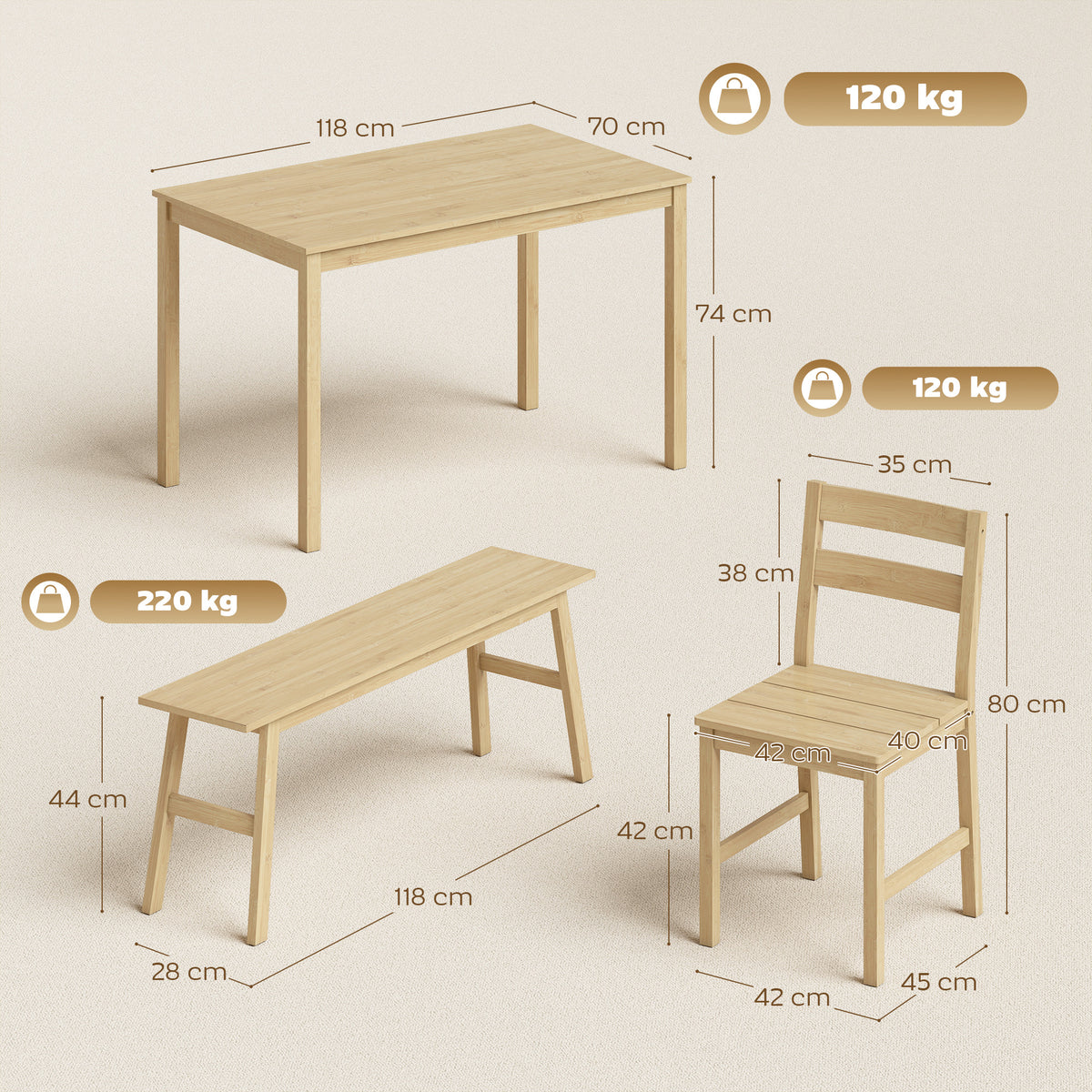 Ensemble de salle à manger en bambou, table à manger avec 2 chaises et banc pour 4 personnes, bois naturel