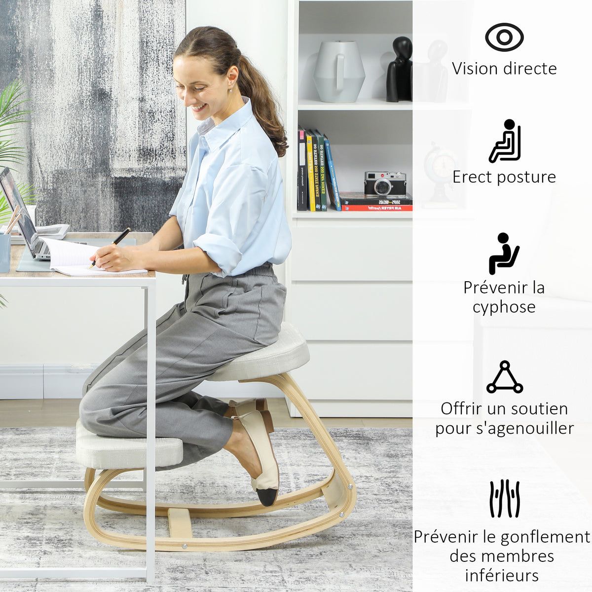 Siège assis genoux, siège ergonomique en bois à bascule, chaise à genoux pour bureau à domiciles, crème