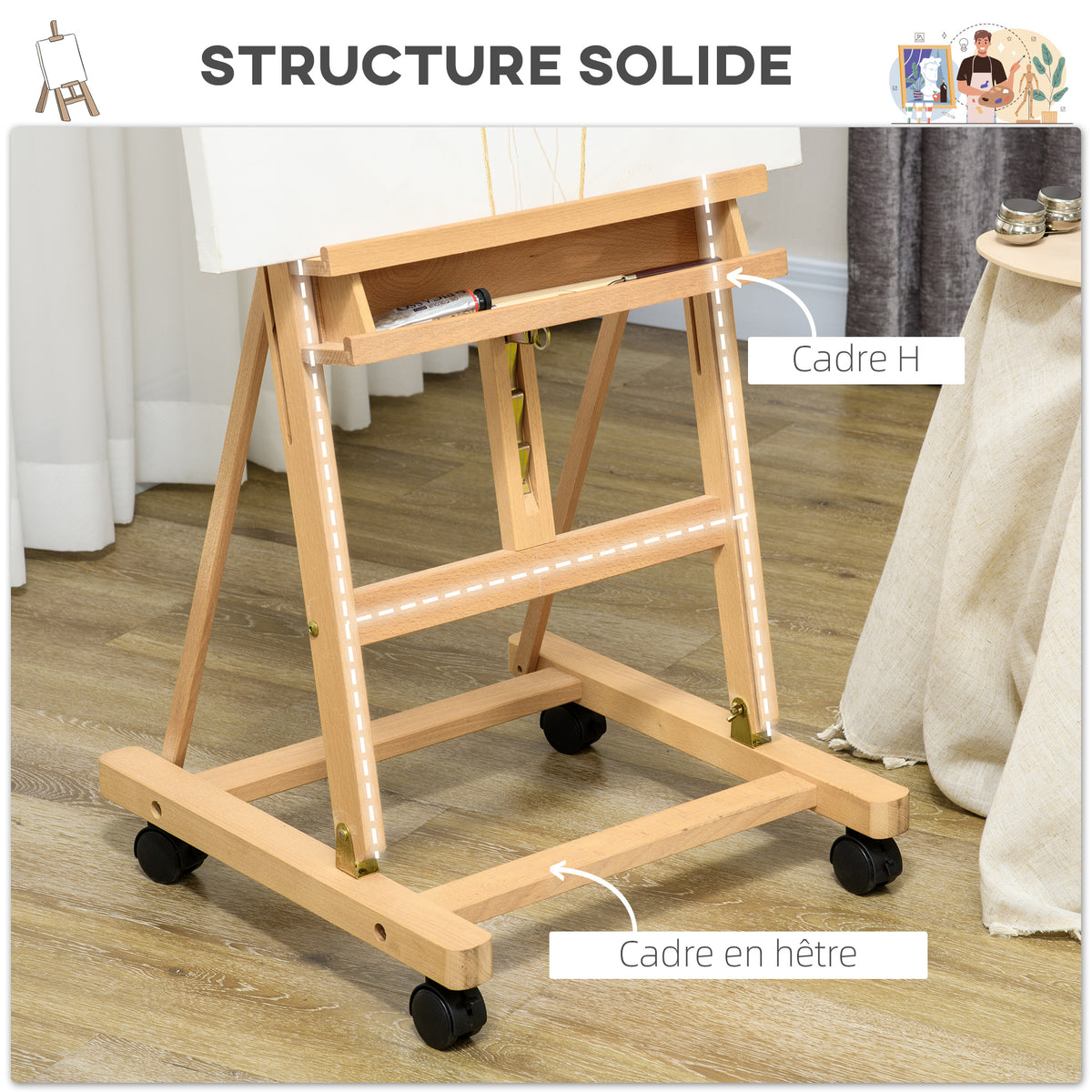 Chevalet d'artiste sur roulettes pliable en bois de hêtre pour toiles à peindre jusqu'à 118 cm bois naturel