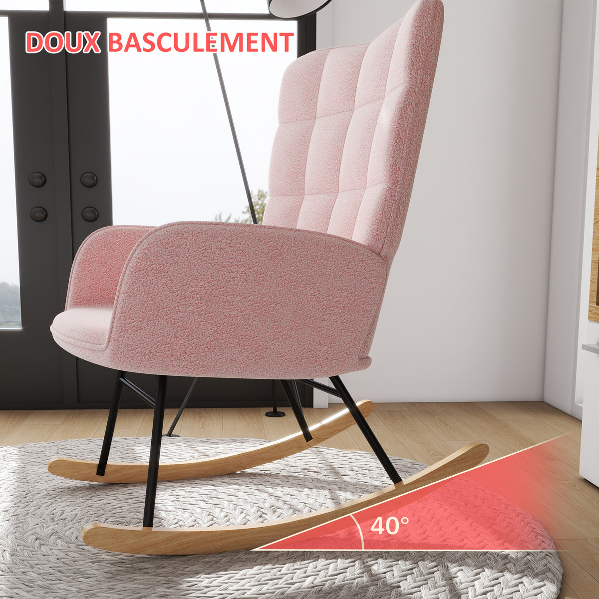 Fauteuil à bascule rocking chair revêtement bouclette structure en acier 71 x 98 x 101 cm rose