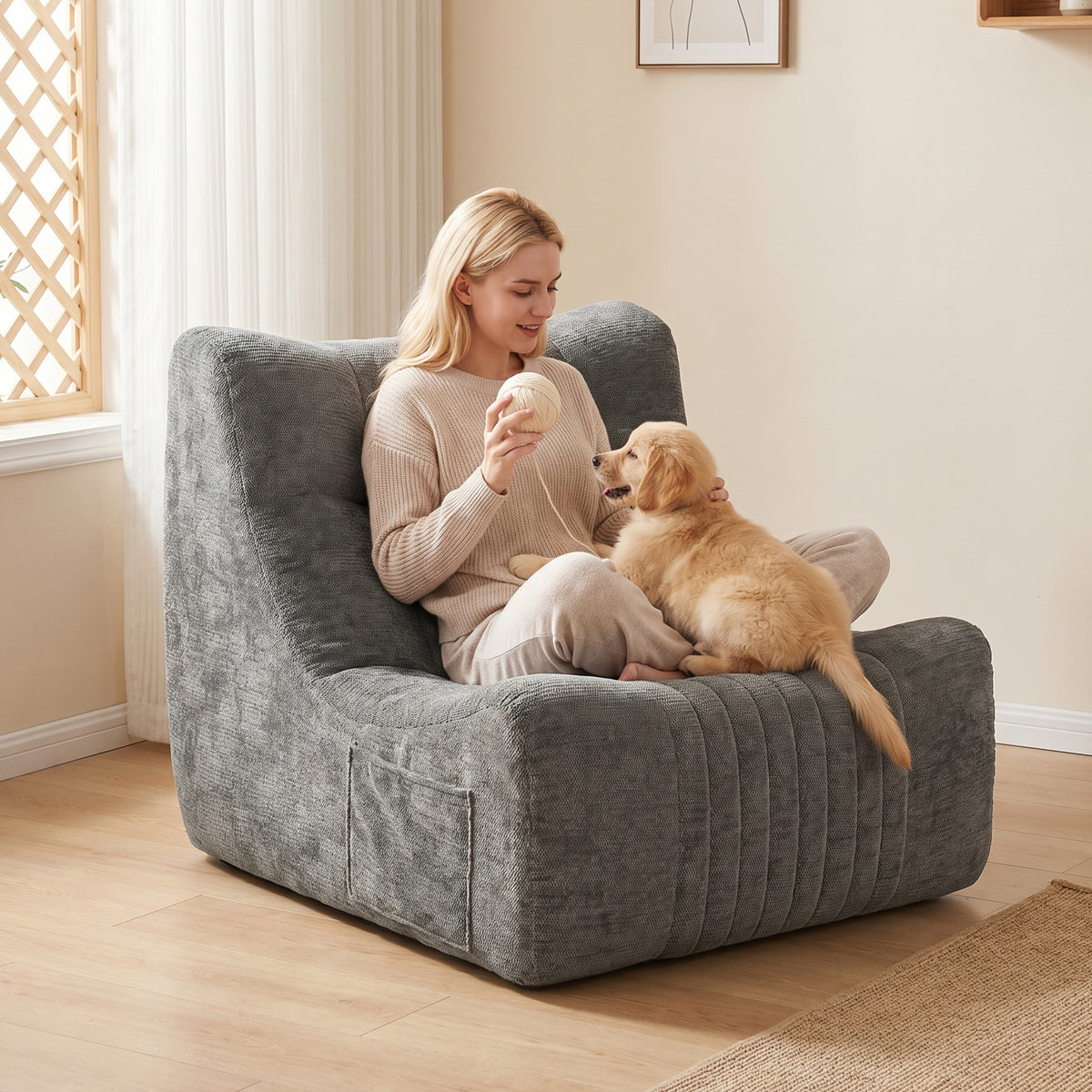 Fauler Sofa-Bodenstuhl in Schmetterlings-Silhouette mit Seitentaschen, kein Zusammenbau erforderlich, 80x90x76cm, Kastaniengrau