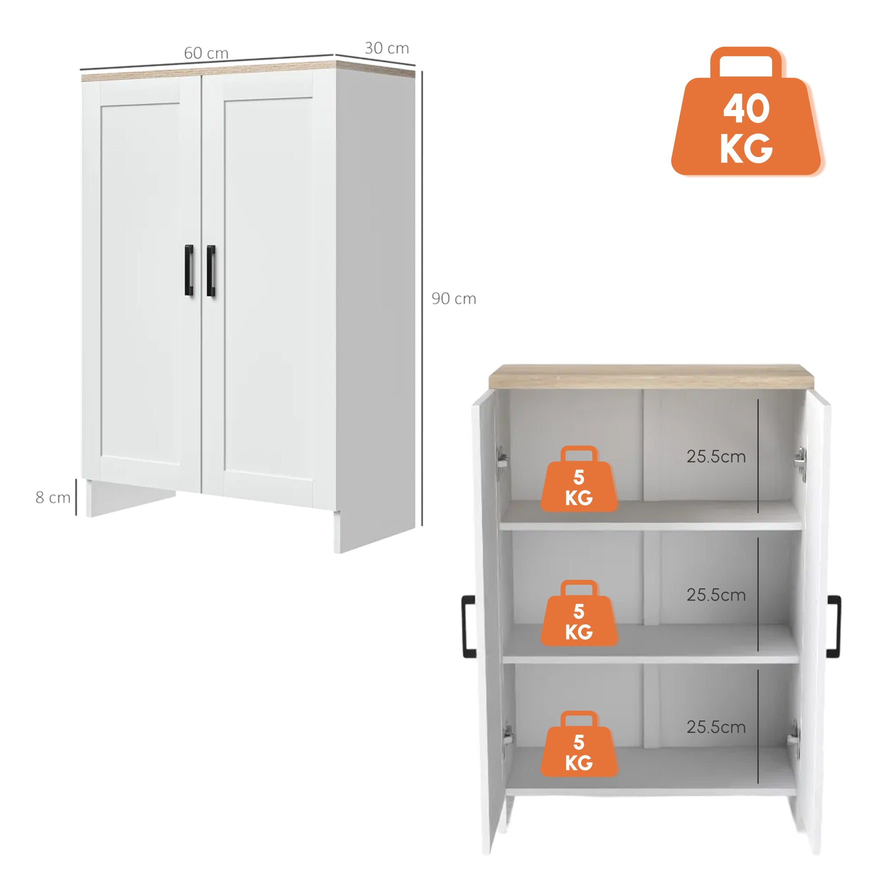Buffet meuble cuisine rangement avec placard à portes et étagères réglables, 60 x 30 x 90 cm, blanc