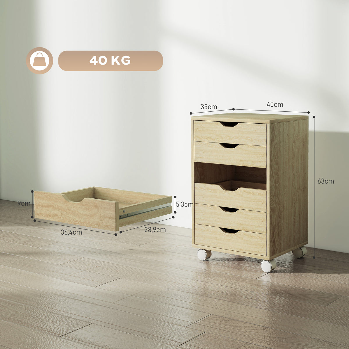 Mobiler Büro-Rollcontainer mit 6 geräuscharmen Schubladen, Druckerständer, eingelassene Griffe, 40 x 35 x 63 cm, Eiche