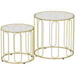 Lot de 2 tables basses gigognes rondes modernes avec cadre en métal et plateau en verre, ton doré