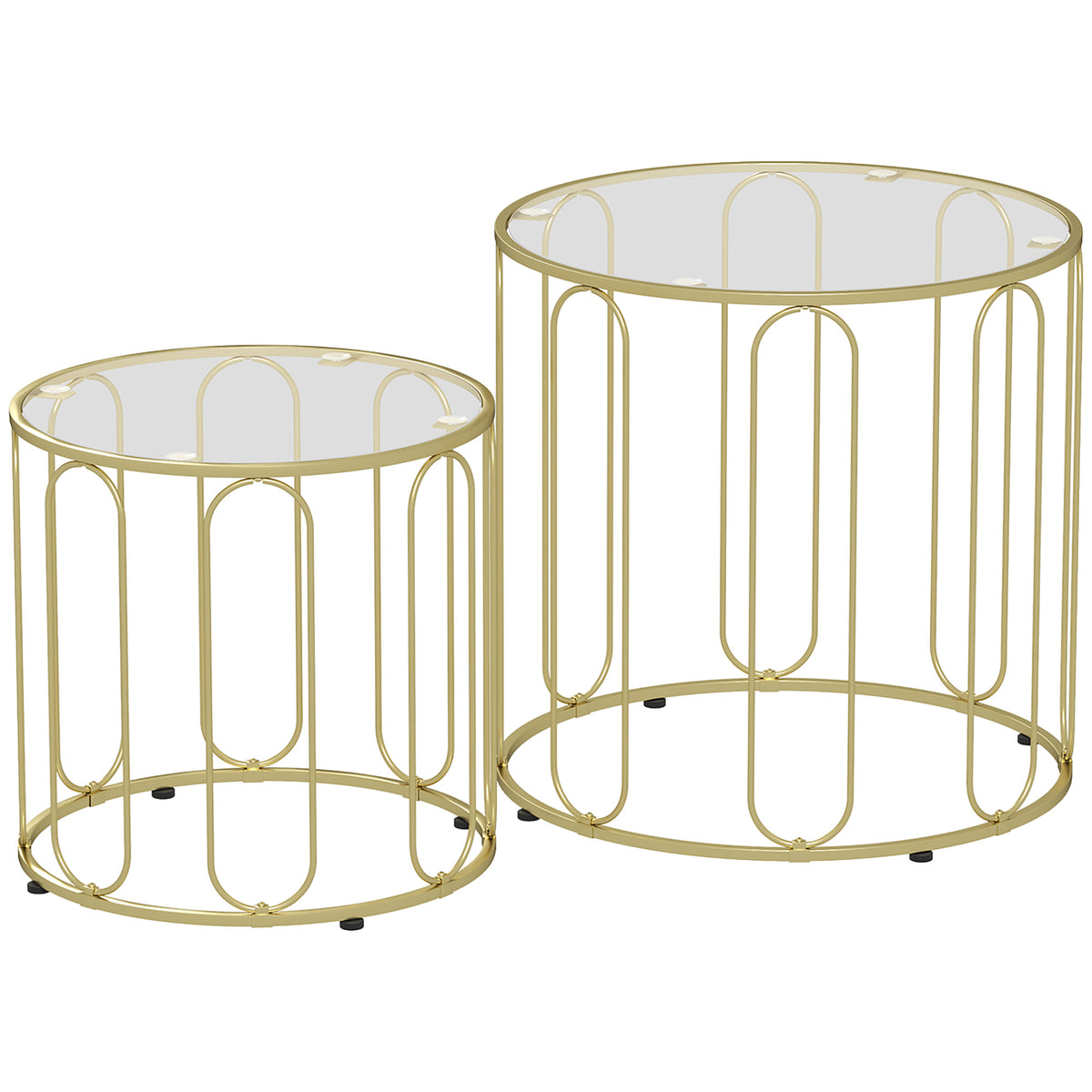 Lot de 2 tables basses gigognes rondes modernes avec cadre en métal et plateau en verre, ton doré