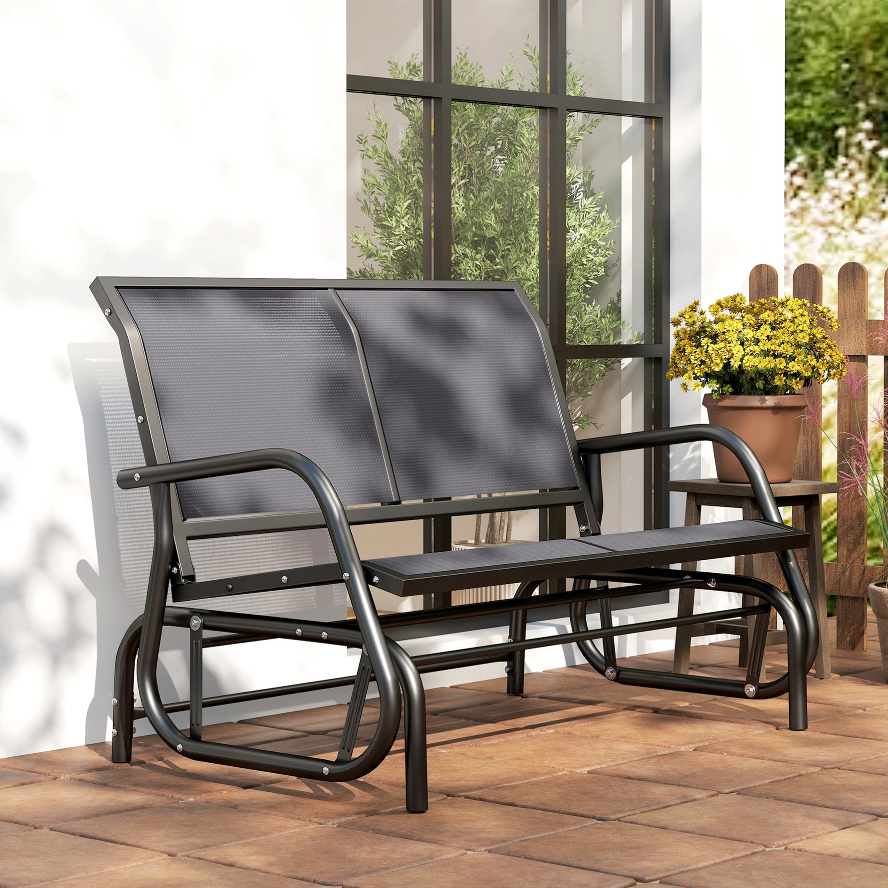 Banc à Bascule de Jardin 2 Places Design Contemporain Grand Confort accoudoirs Assise, Dossier Ergonomique Acier textilène Gris