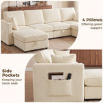 Canapé 4 Places avec 2 Poufs de Rangement, Canapé d'Angle Modulable en U 306 cm en Velours Côtelé, 4 Coussins, Crème