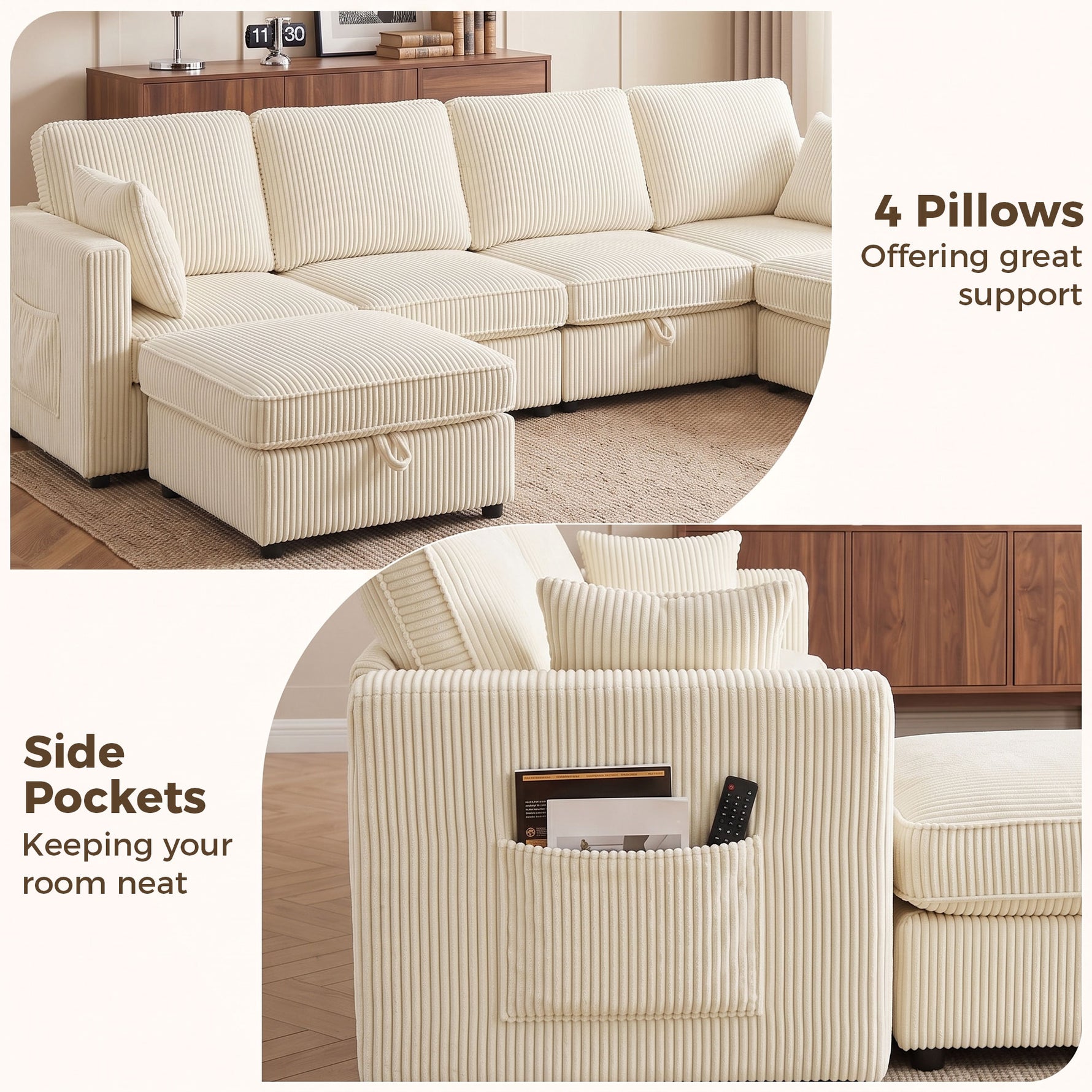 Canapé 4 Places avec 2 Poufs de Rangement, Canapé d'Angle Modulable en U 306 cm en Velours Côtelé, 4 Coussins, Crème