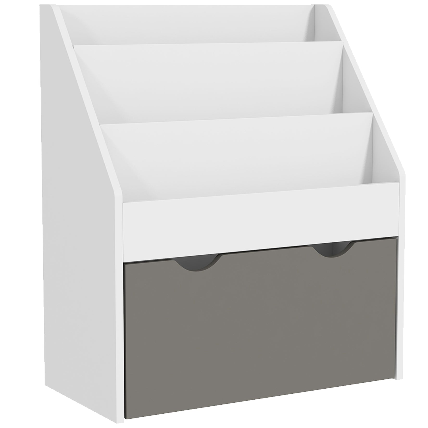 Bibliothèque pour enfants Multi-Rangement avec 3 niveaux d'étagères et un tiroir, 62,5L x 30l x 70H cm, gris et blanc