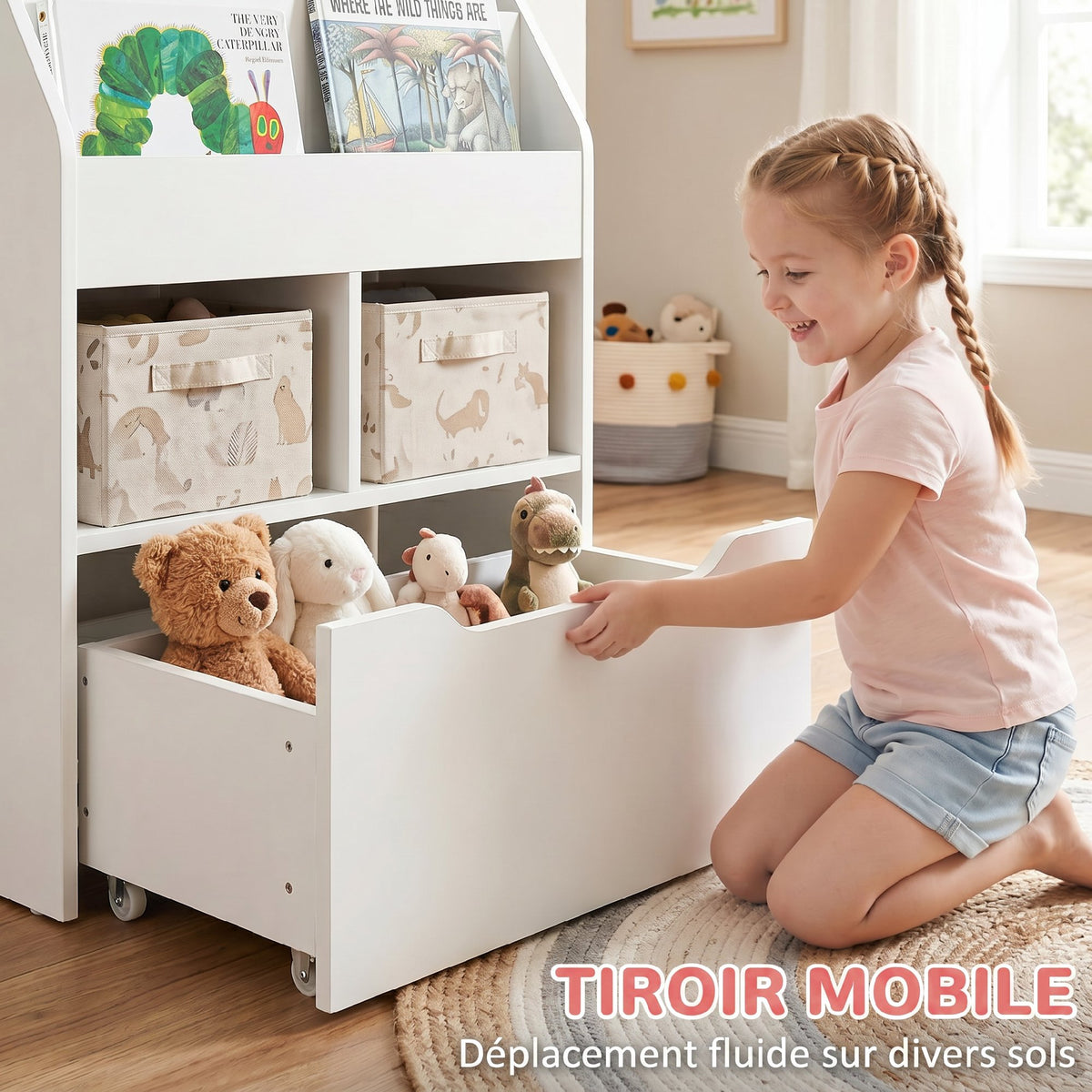 Boekenkast met opbergruimte, 3 planken, 2 nissen, grote lade, hout, wit