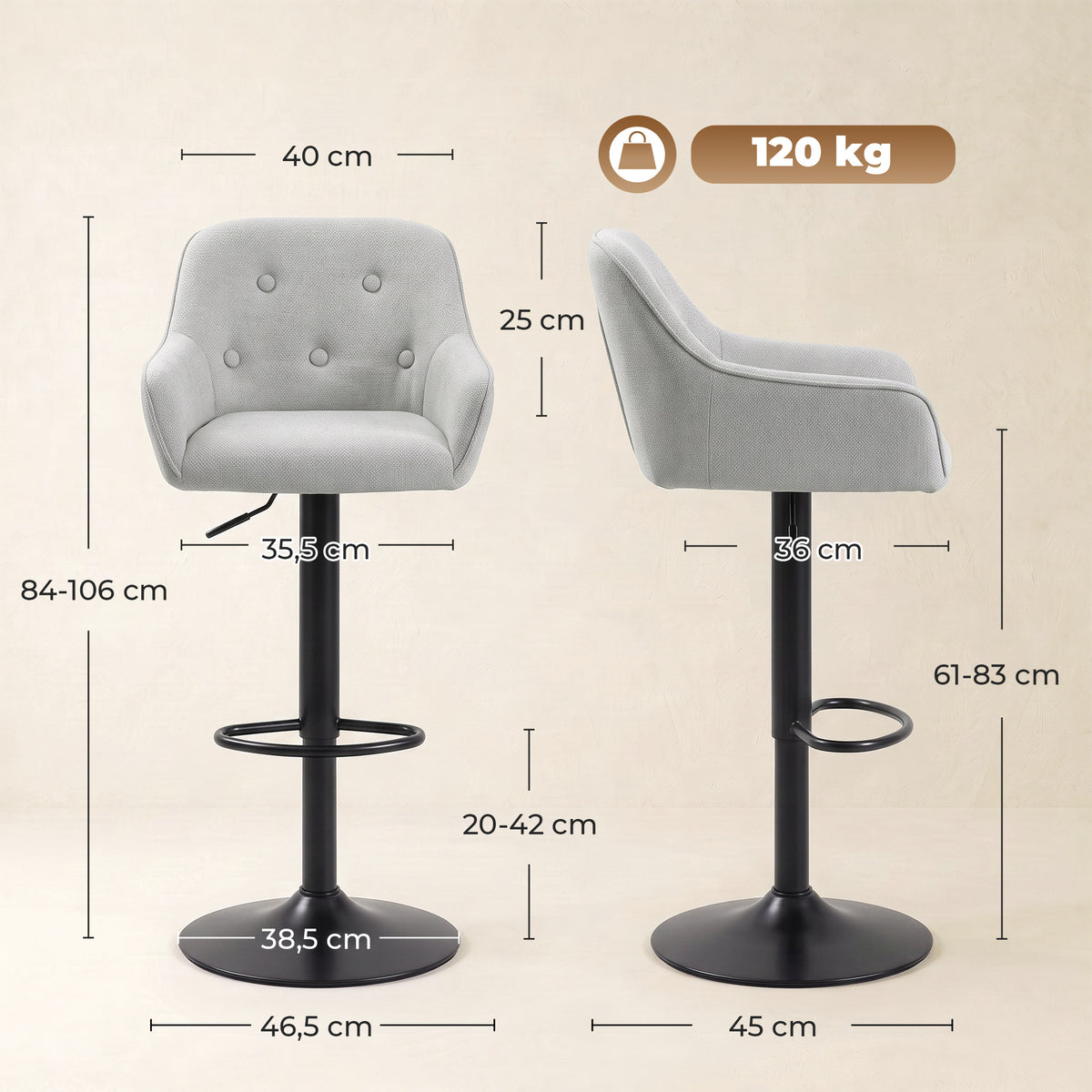 2er-Set Barhocker, Barstühle aus Chenille, höhenverstellbar, um 360° drehbar, mit Rückenlehne und Fußstütze, Grau