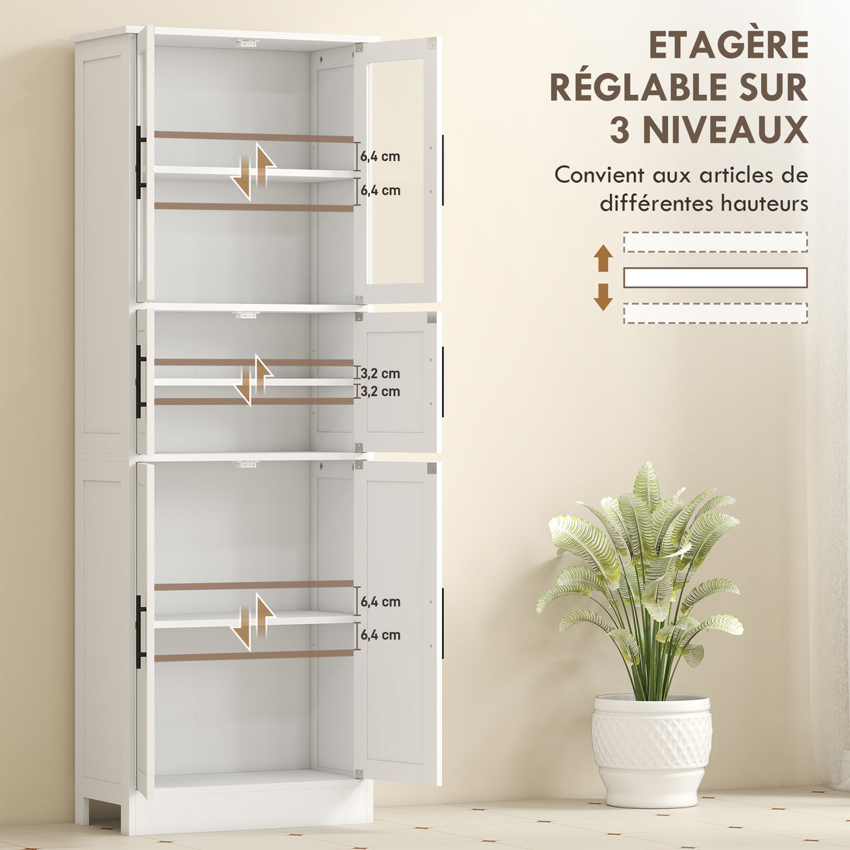 Meuble de salle de bain, meuble de rangement 6 niveaux, 6 portes dont 2 vitrées, étagères réglables, 60x30x170cm, blanc