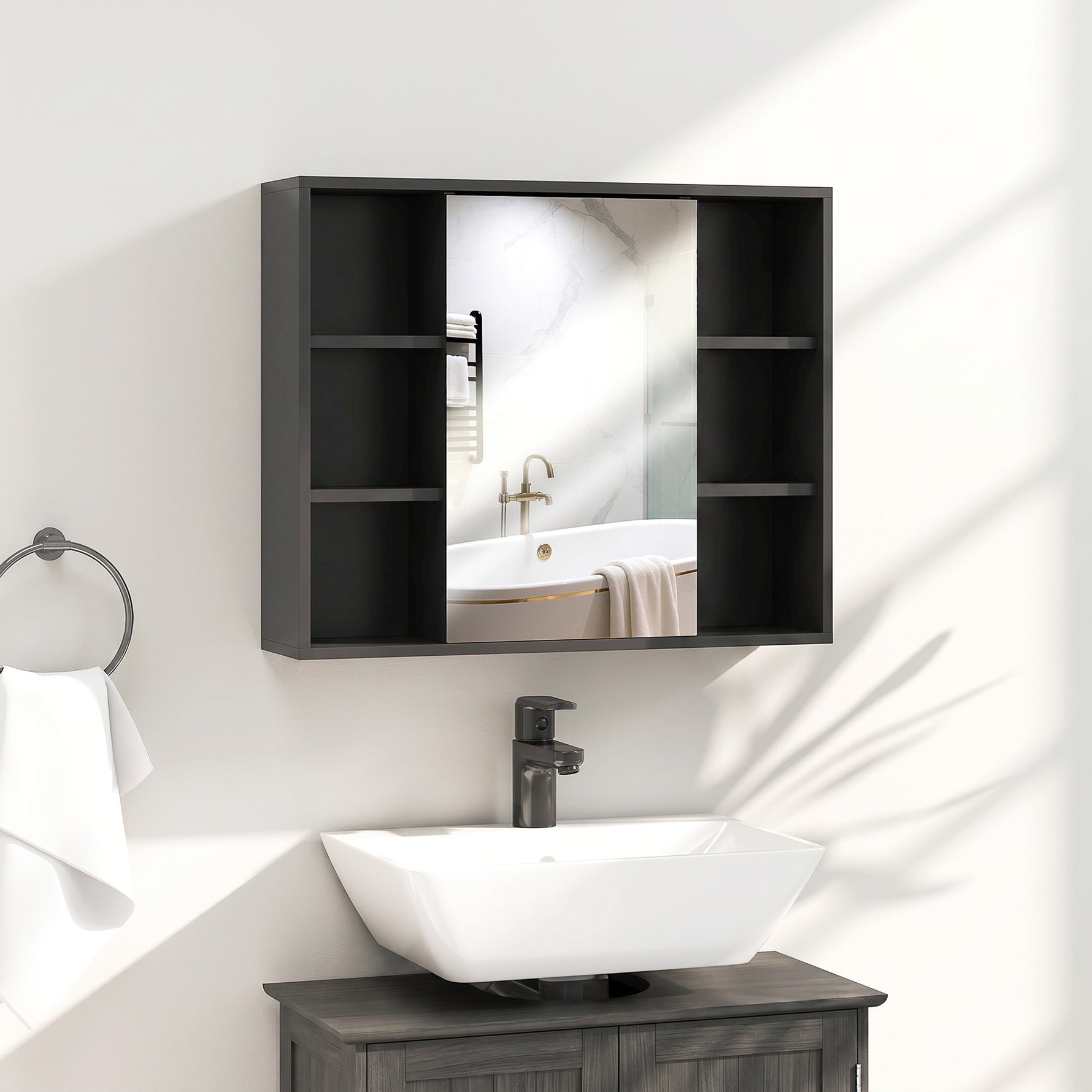 Meuble salle de bain avec miroir, placard à portes et 6 compartiments ouverts, 60 x 14,5 x 49,4 cm, noir