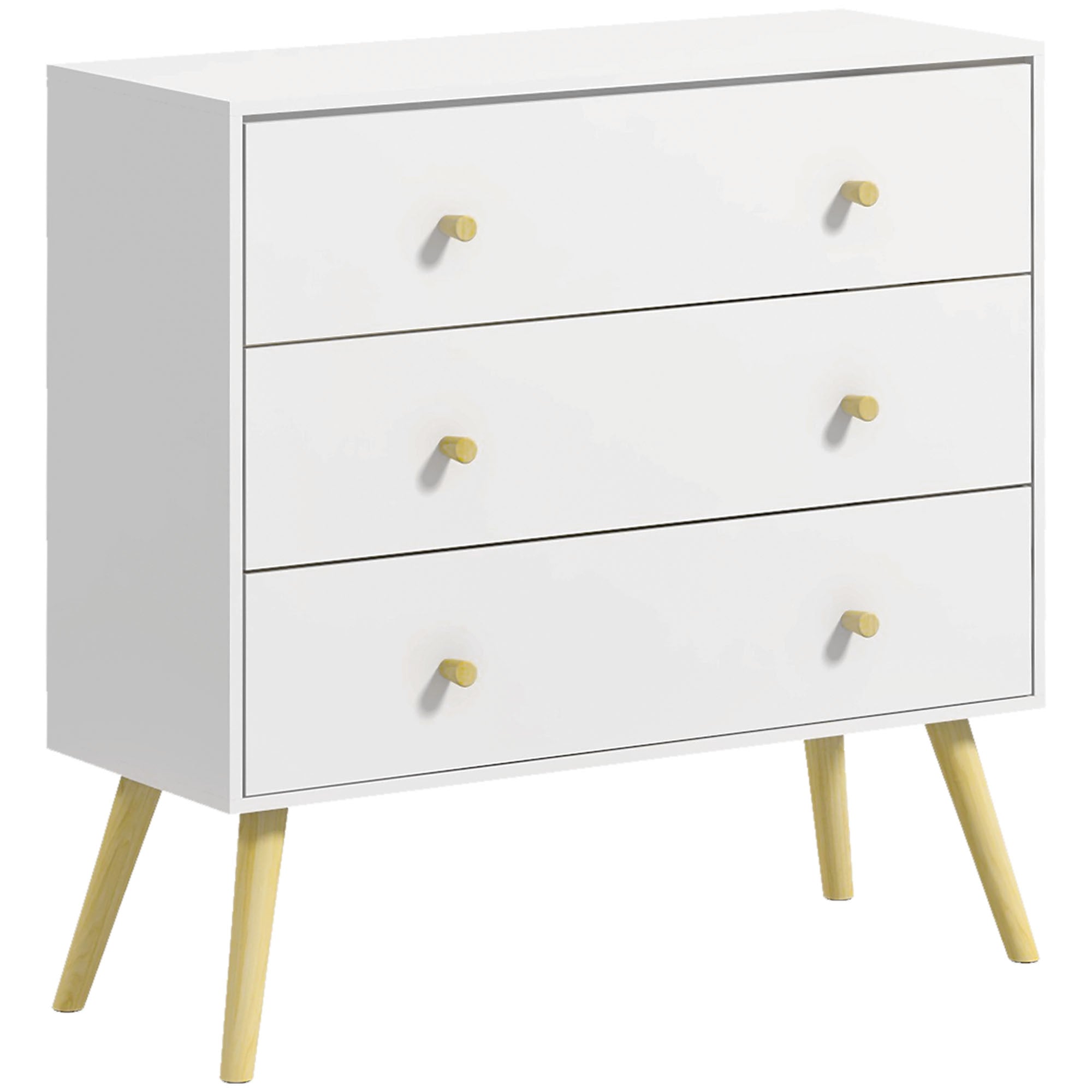 Kommode mit 3 Schubladen im skandinavischen Design, schräg zulaufende Beine, Kiefernholz, weiße Paneele, 80 x 30 x 80 cm, Weiß