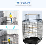 Cage à oiseaux en métal avec mangeoires perchoirs plateau amovible poignée dim. 40L x 40l x 59H cm noir