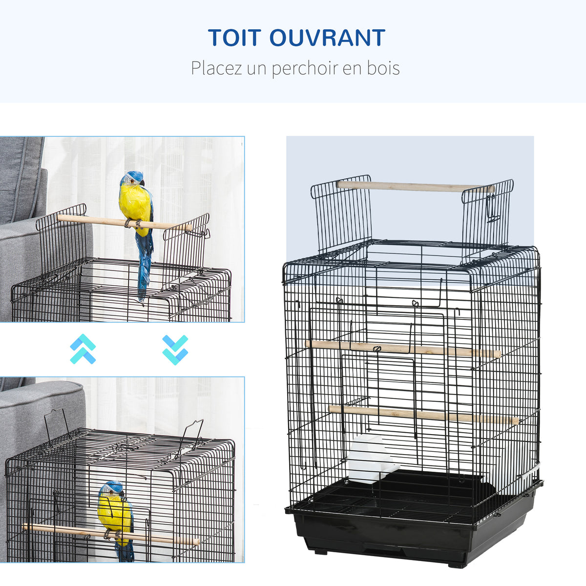 Cage à oiseaux en métal avec mangeoires perchoirs plateau amovible poignée dim. 40L x 40l x 59H cm noir