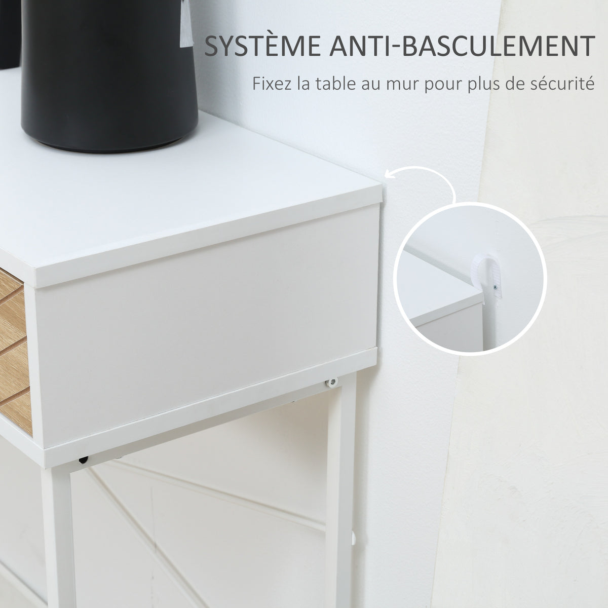 Table Console Industriel 2 tiroirs Aspect Bois de chêne sculpté Motif à Chevrons piètement métal Blanc