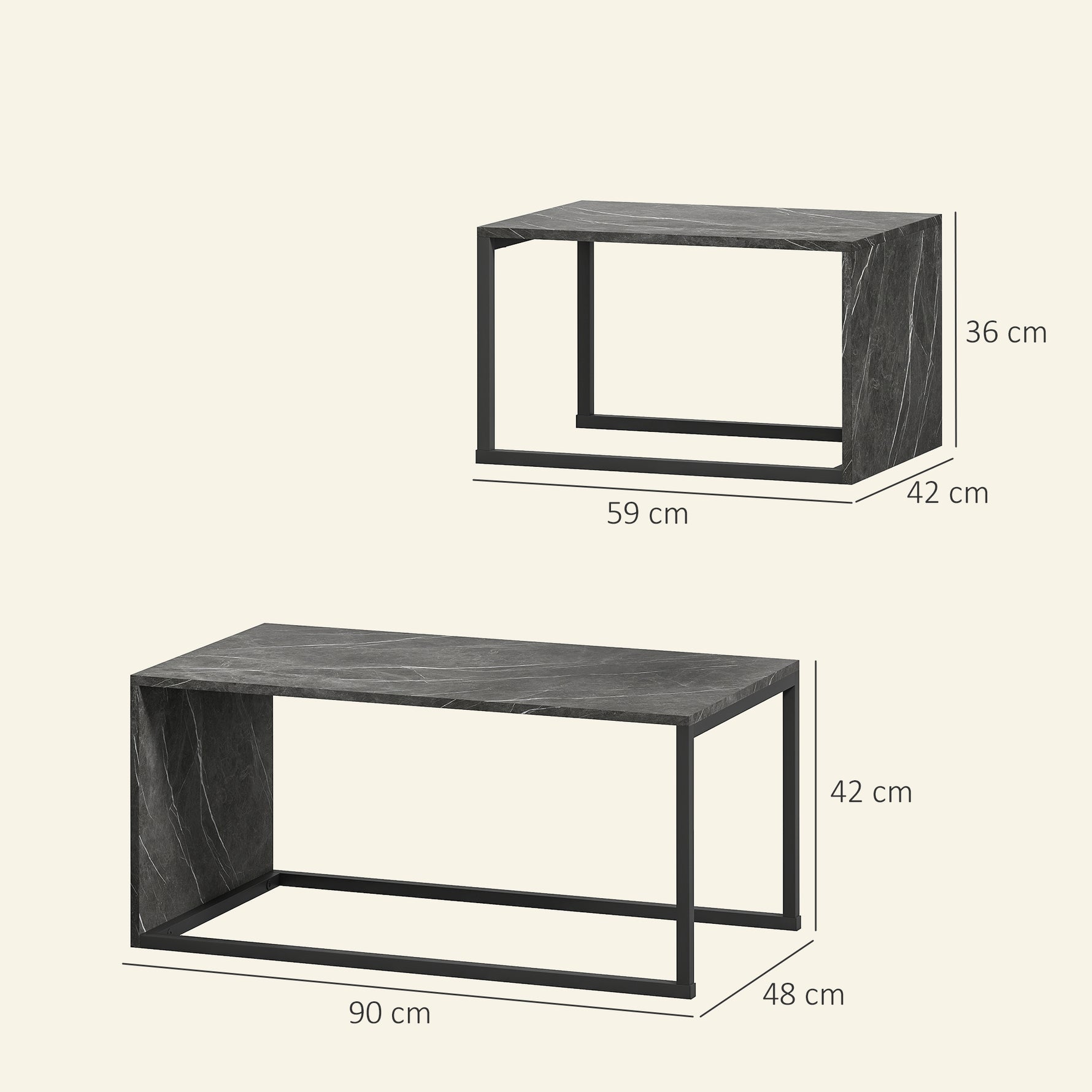 Lot de 2 tables basses gigognes design industriel encastrable en métal noir et effet marbre gris foncé