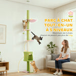 Arbre à chat du sol au plafond 5 niveaux hauteur réglable 220-240 cm plateformes fleur avec griffoir niche hamac vert