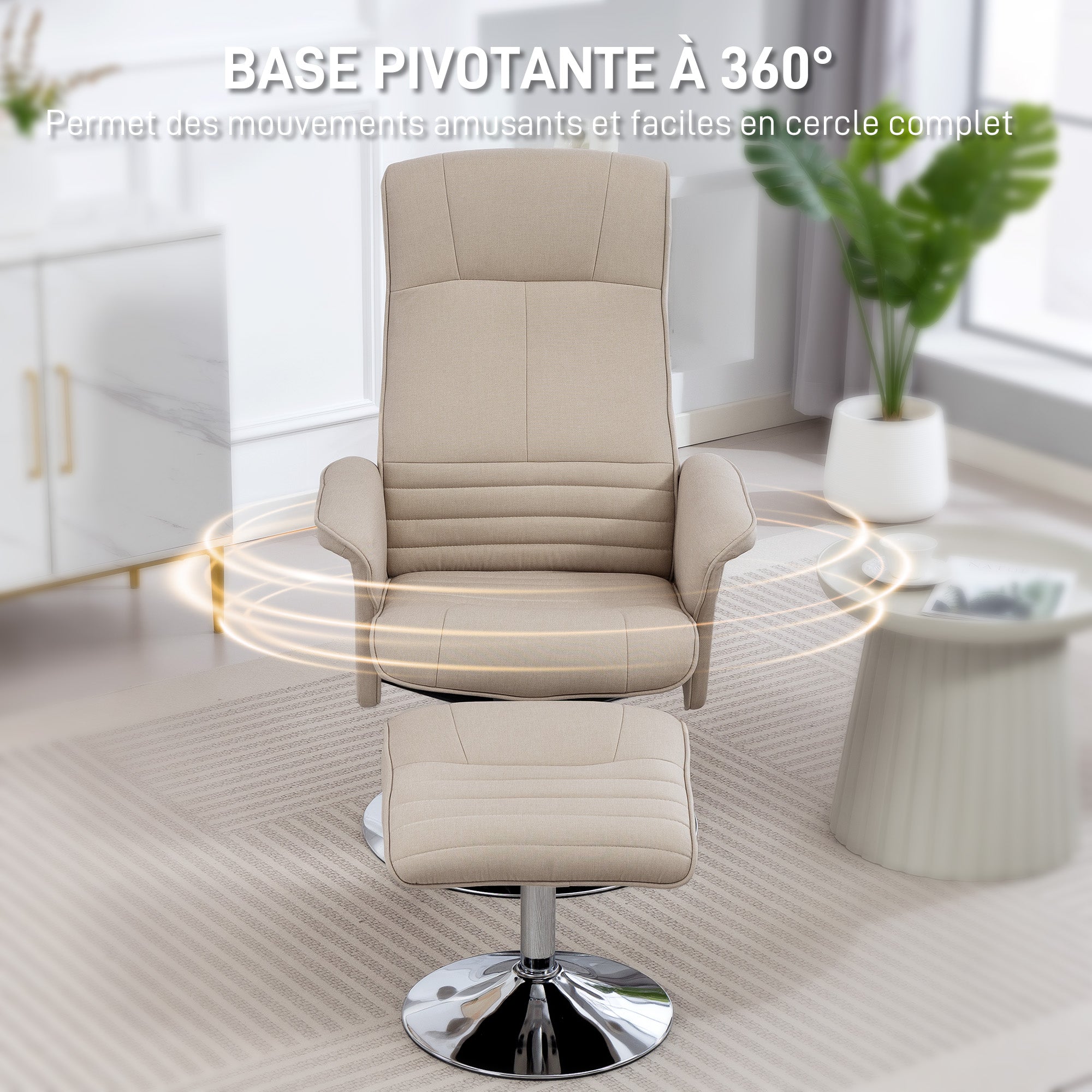 135° reclining swivel armchair (360°) with footrest, beige fabric upholstery