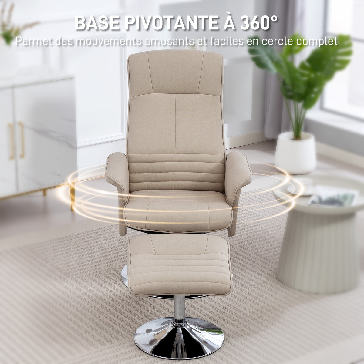 Fauteuil relax inclinable 135° pivotant 360° avec repose-pieds revêtement tissu beige