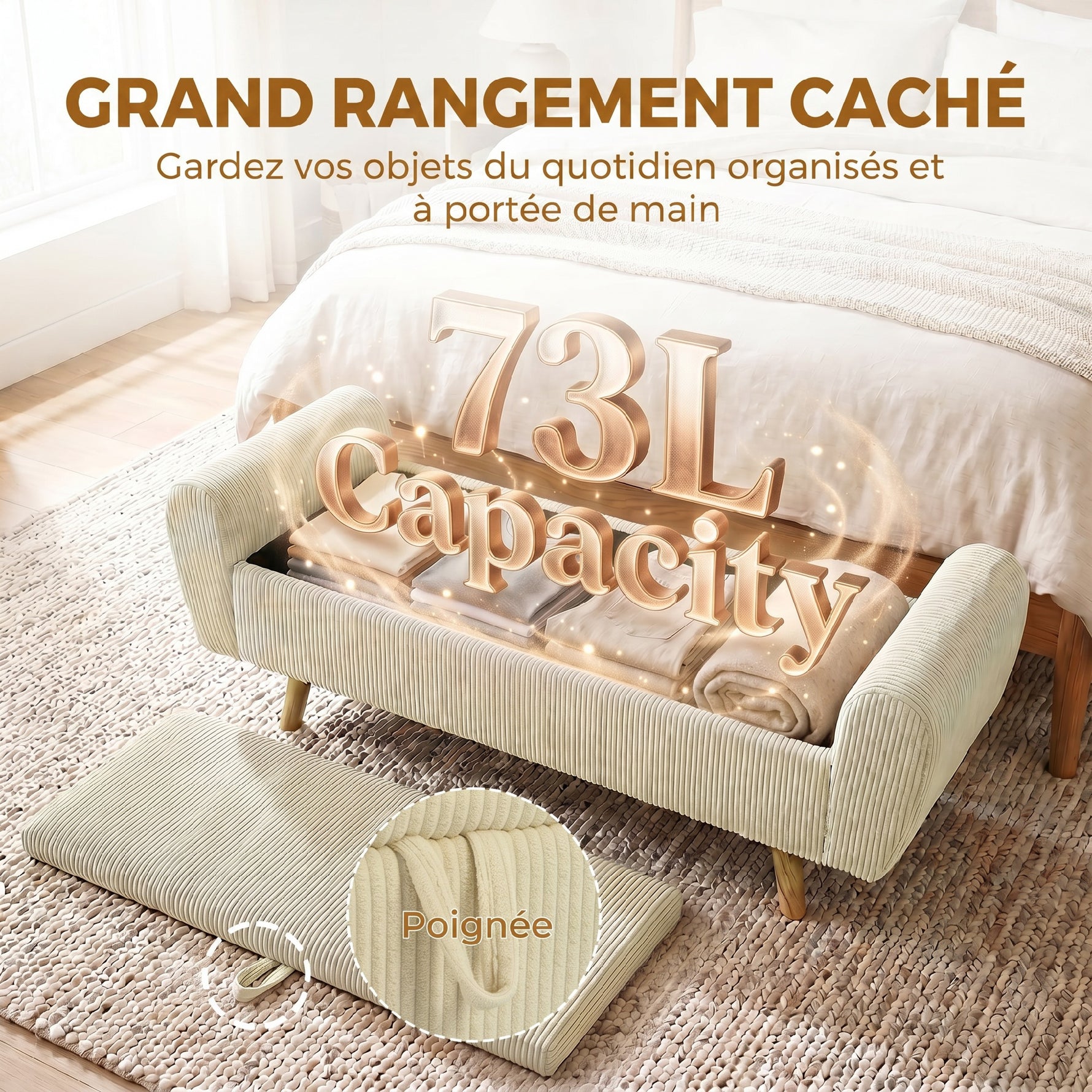 Banc de rangement 73 L, coffre de rangement rembourré en velours côtelé avec accoudoirs et pieds en bois d'hévéa, beige