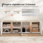 Meuble TV, banc TV avec 4 portes à fermeture amortie, étagère réglable et passe-câbles, 135 x 38 x 45 cm, blanc
