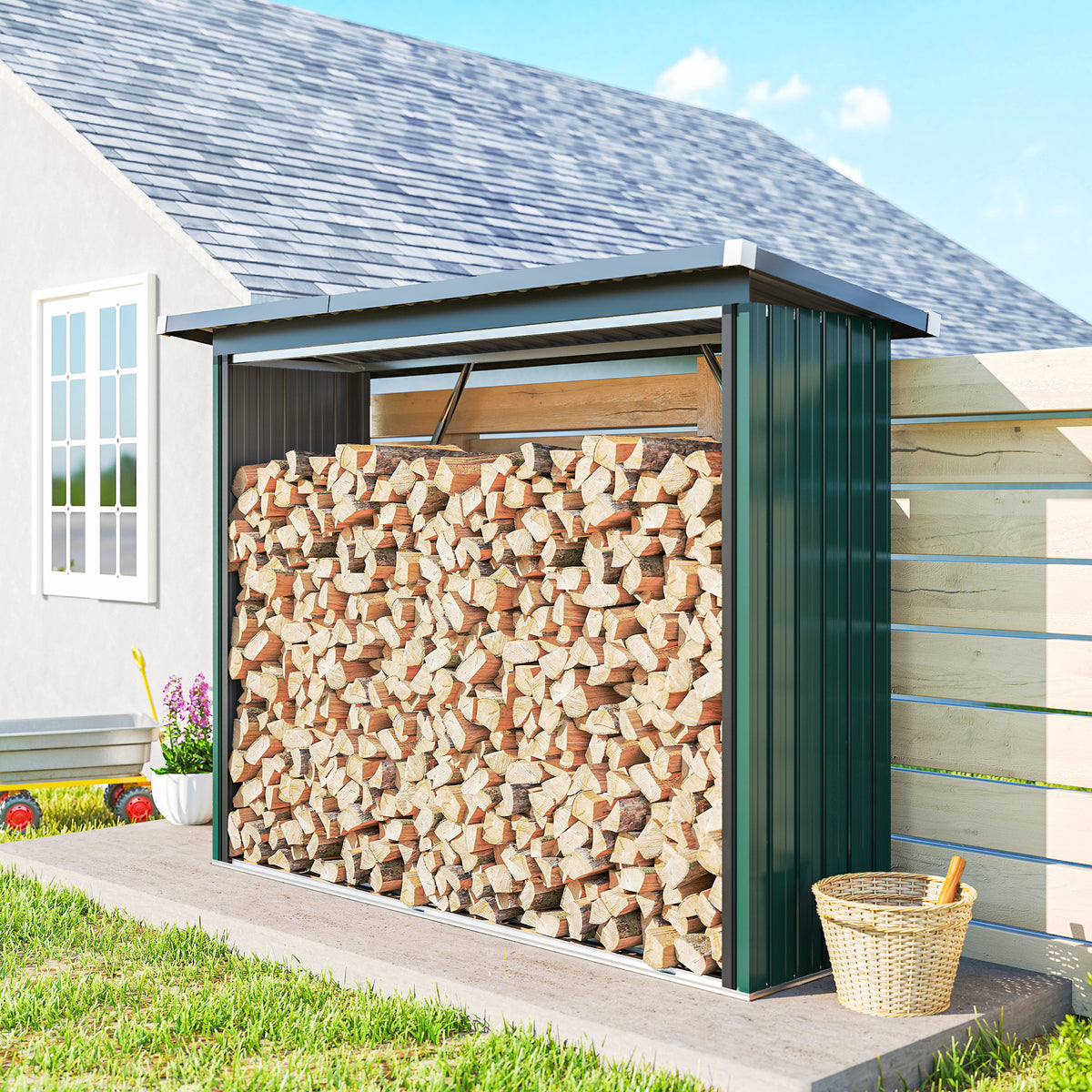 Abri-bûches Couvert Support pour Bois de Chauffage Plancher Surélevé Toit Incliné, Acier Galvanisé 213x66,5x150cm Vert