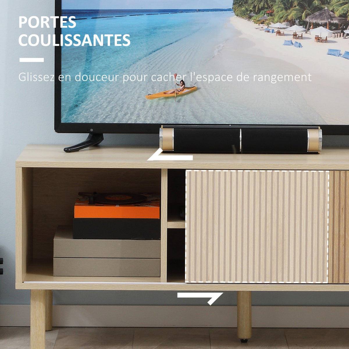 TV-Lowboard für Fernseher bis 50 Zoll, 2 Schiebetüren und 2 Fächer mit Kabeldurchlass - 115 x 40 x 49 cm