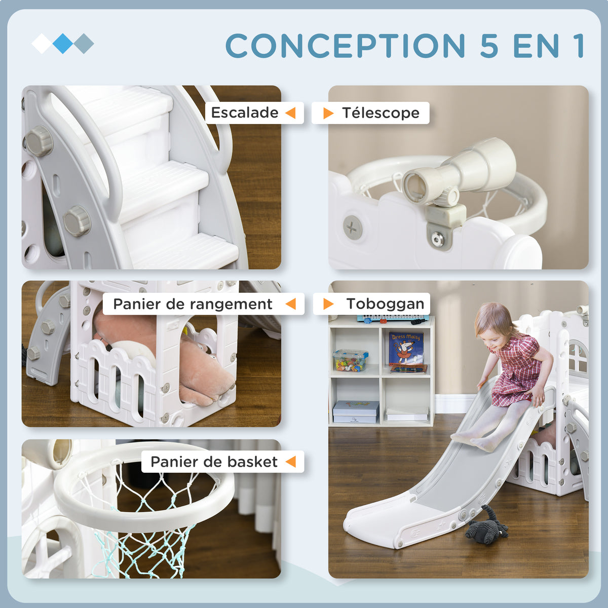 Toboggan pour enfants 5 en 1 avec panier de basket escalade télescope espace de rangement 70 x 177 x 92 cm gris