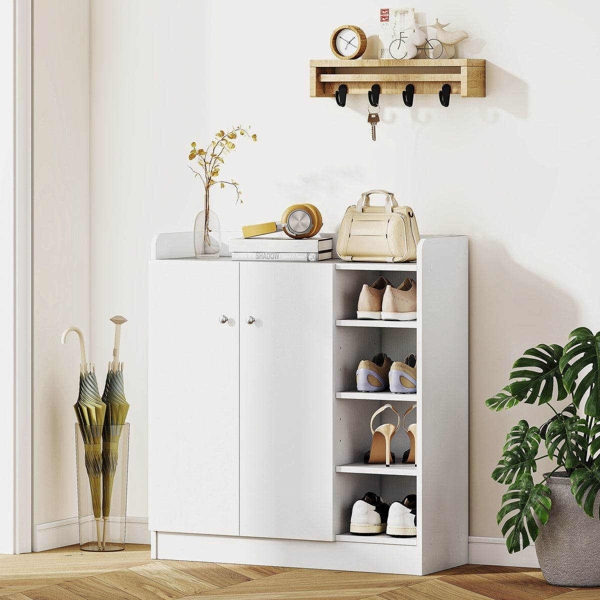 Meuble de rangement à chaussures pour entrée 12 paires - armoire à chaussures avec 4 compartiments ouverts et placard double porte - étagère réglable - 83L x 30l x 90H cm - blanc