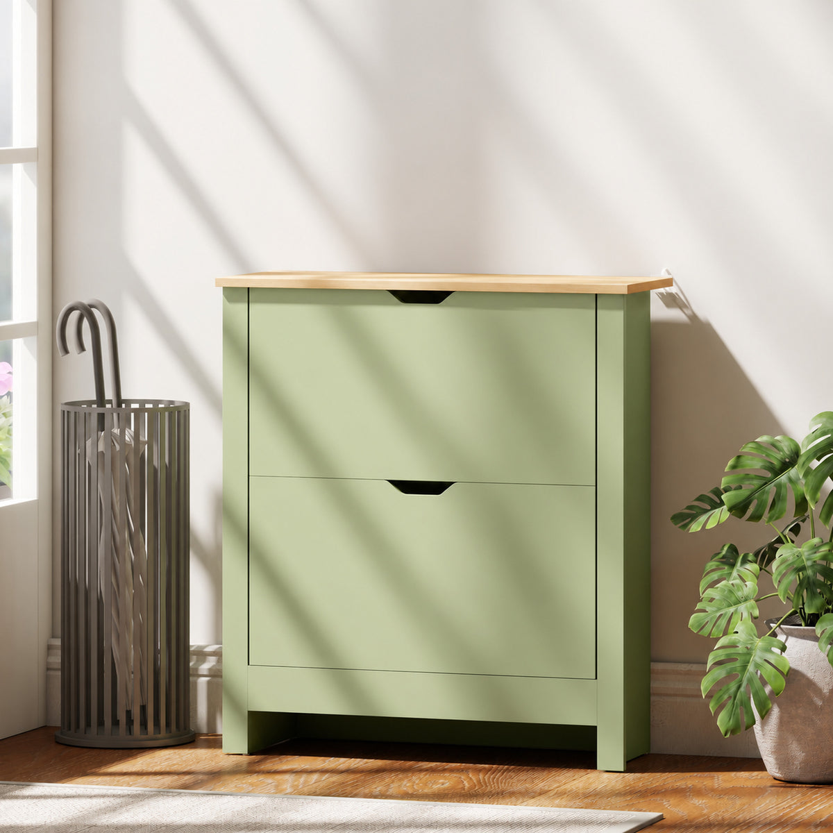 Meuble à chaussures 12 paires, armoire à chaussures étroite avec 2 tiroirs rabattables et étagères réglables, vert