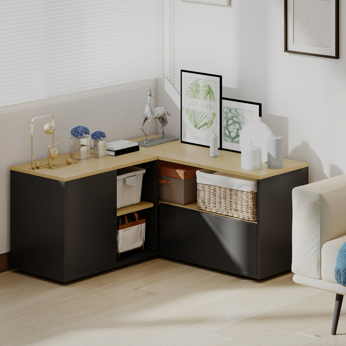 Corner TV stand, television bench for up to 40 inches with 2 cabinets and 3 compartments, 90 x 90 x 45 cm, oak and black