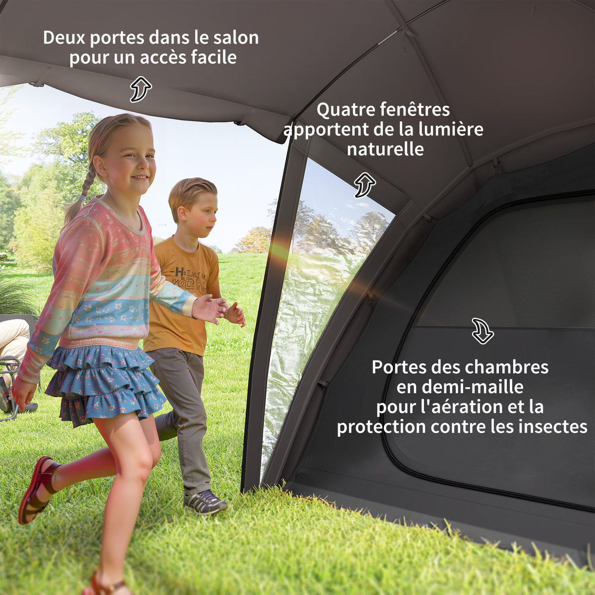 Tente de camping familiale pour 4-6 personnes, tente tunnel imperméable 3000 mm avec 2 portes, sac de transport, noir