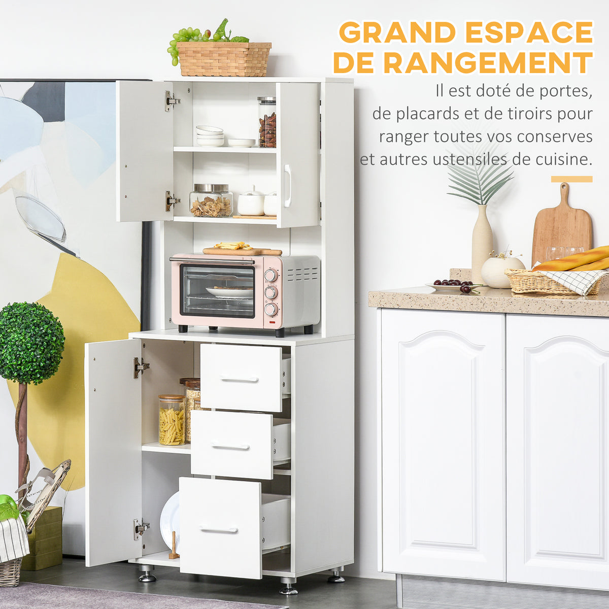 Buffet haut cuisine, armoire de cuisine avec 3 portes, 3 tiroirs et plan de travail, 60 x 40 x 160 cm, blanc