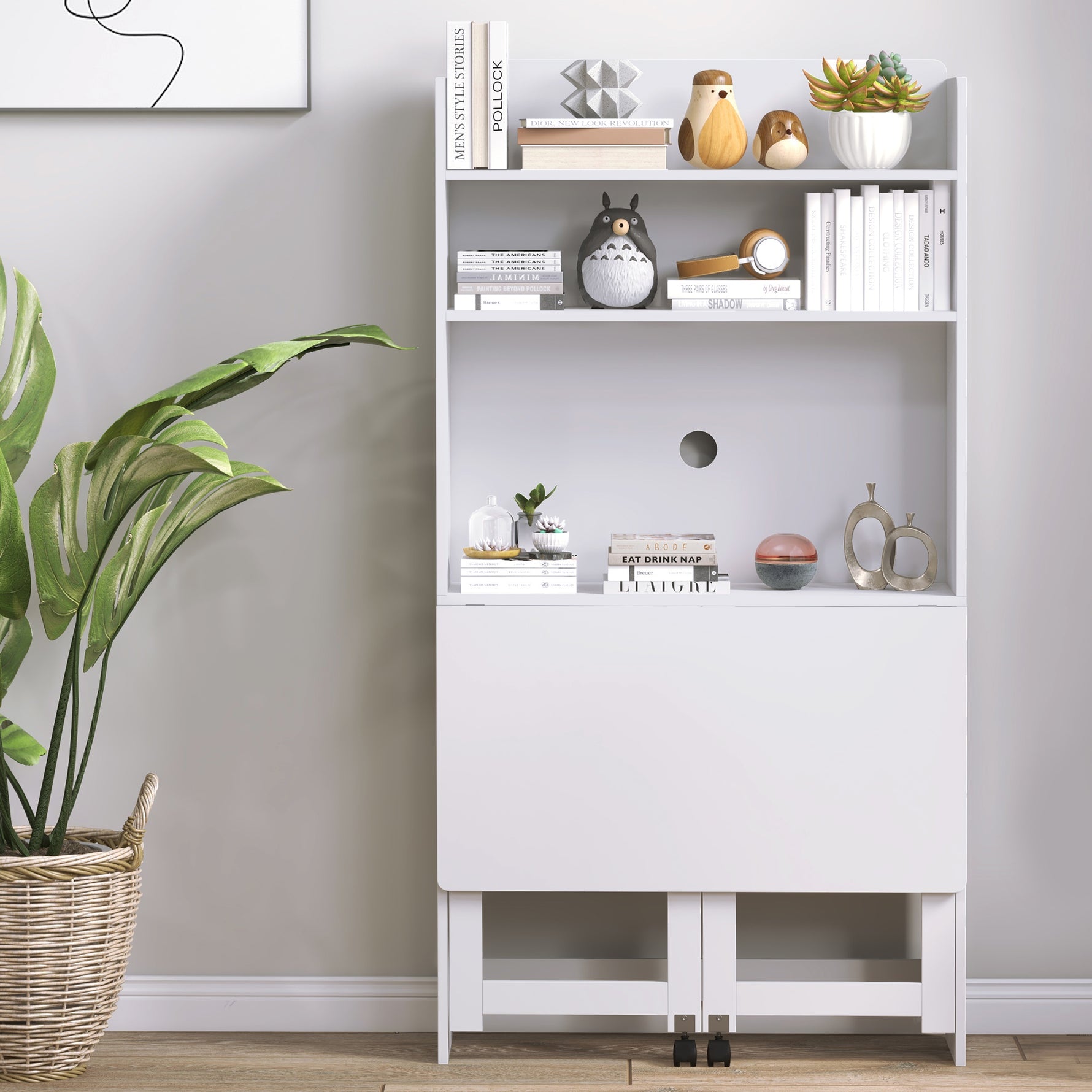 Bureau informatique avec étagères de rangement plateau rabattable 2 roulettes pour chambre salon 80 x 69 x 155 cm blanc
