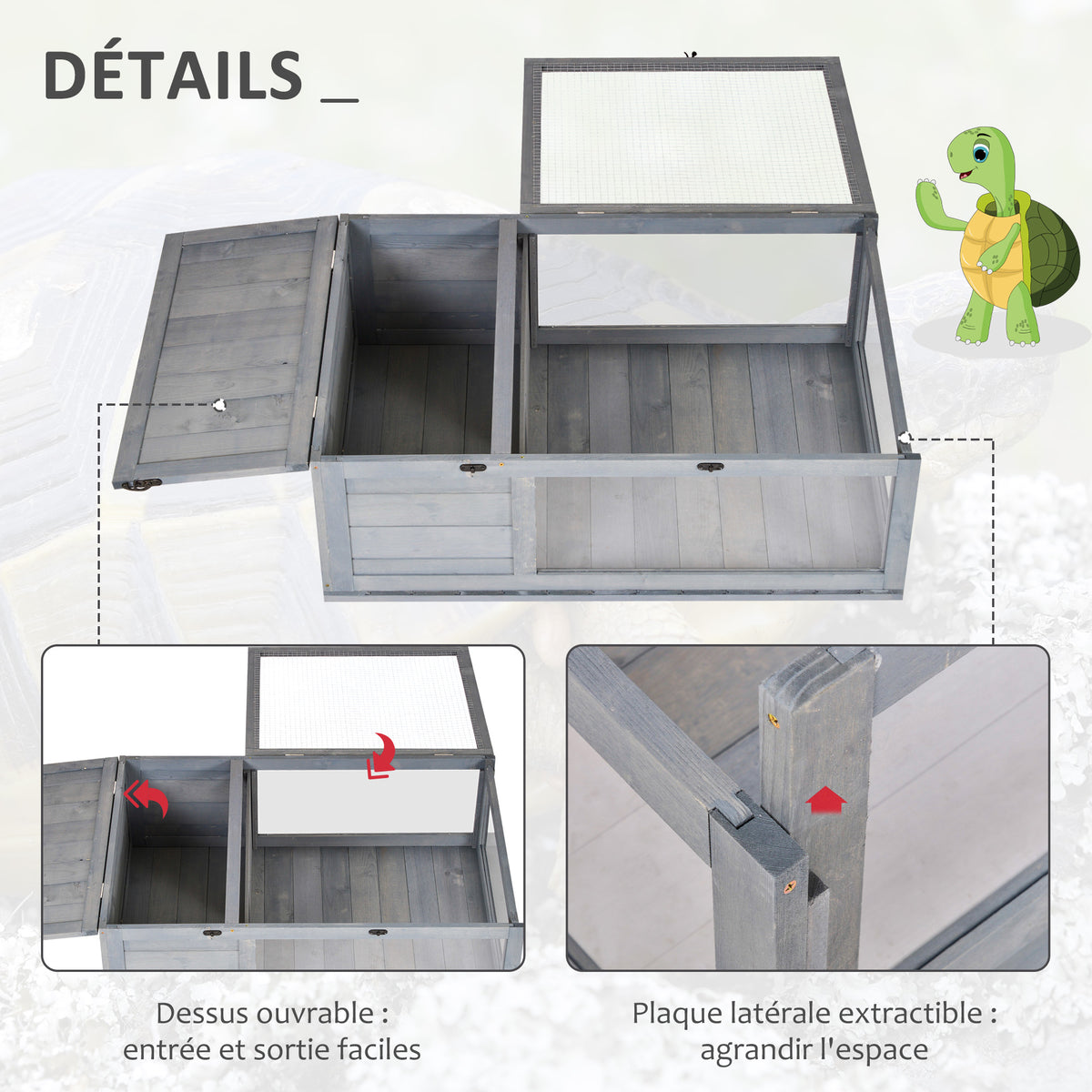 Maison enclos cage habitat pour petit animal tortues avec 2 espaces 91 x 60,5 x 32 cm bois massif gris