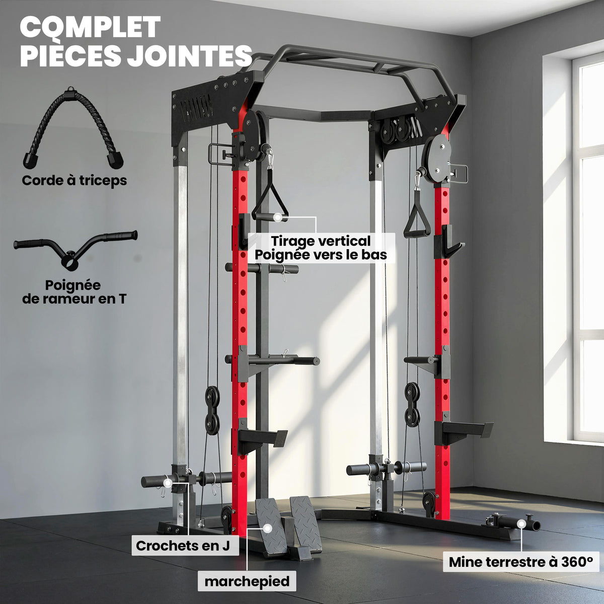 Power Rack per allenamento della forza 900 kg, doppia puleggia regolabile su 19 livelli, Home Gym completo, nero