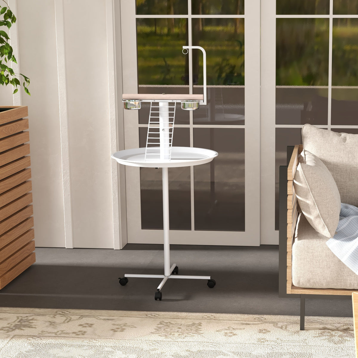 Mangeoire à oiseaux sur pied avec 4 roulettes perchoir 2 bols amovibles plateau rond acier inoxydable Ø 60 x 138H cm blanc